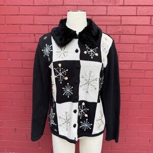 Vtg Tiara International Christmas‎ Collection Snowflake Cardigan Medium Granny